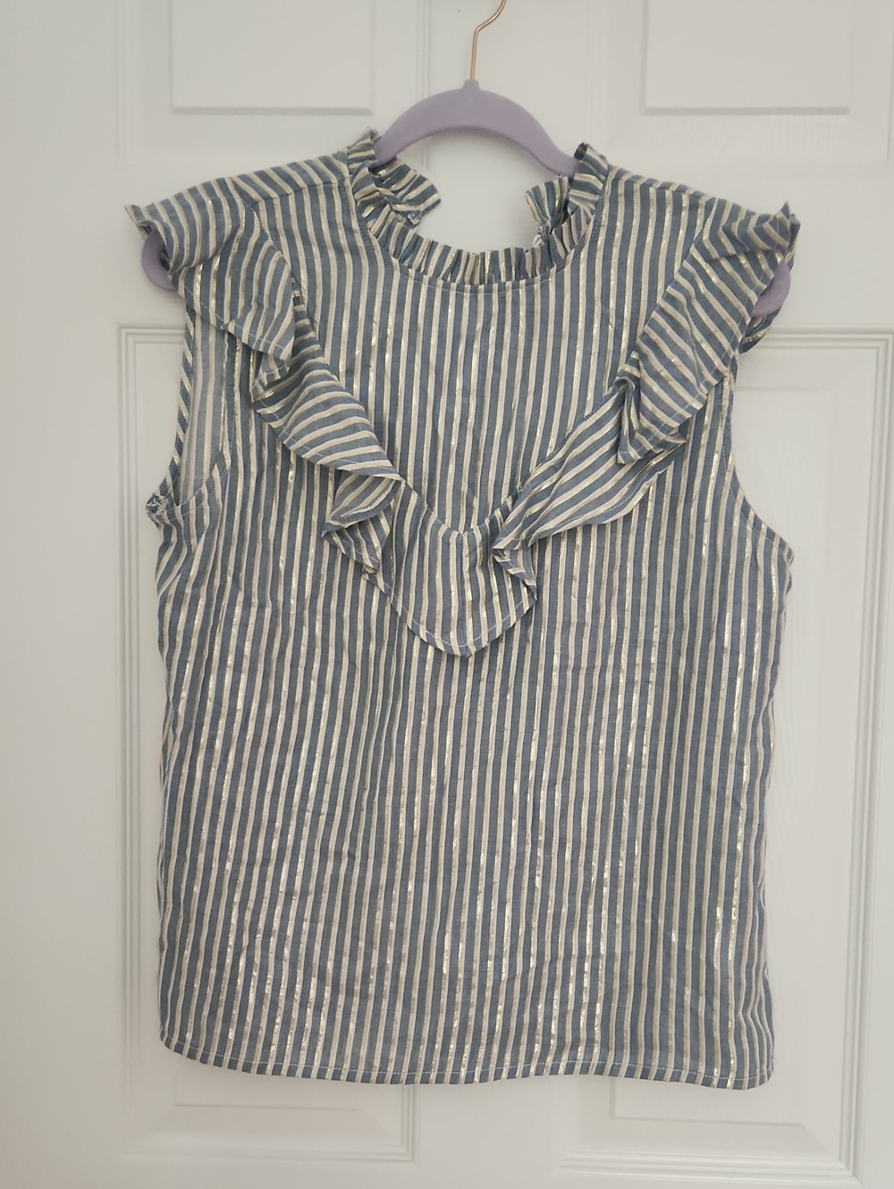 Ruffled Sleeveless Striped Blouse - Blue and White